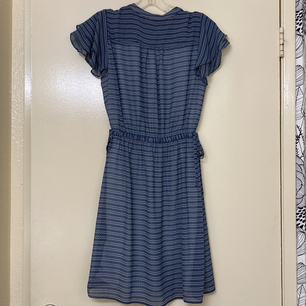Blue and White Boho Print Flutter Sleeve Dress - Picture 4 of 5